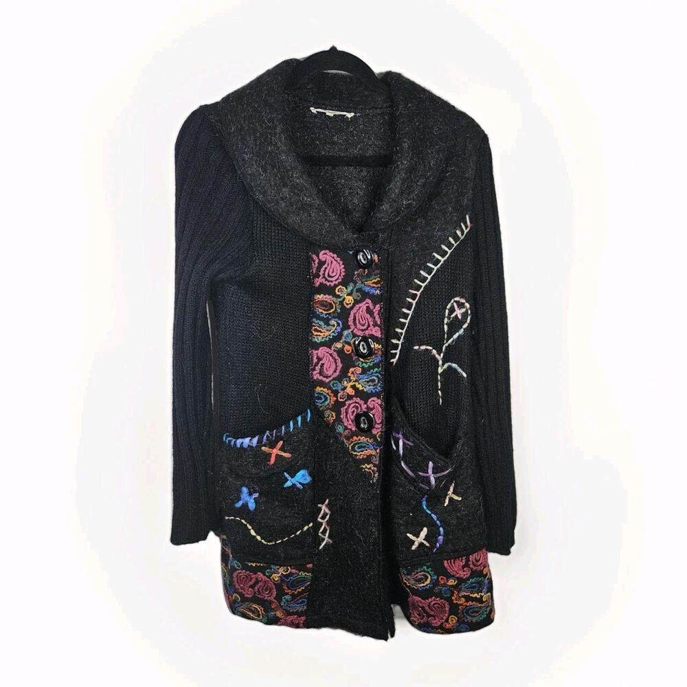 Liquid By Sioni Black Knit Wearable Art Wool Mohair Sweater Cardigan Boho Medium